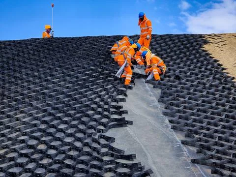Installation and quality control process of geosynthetics in mines Stock Photos