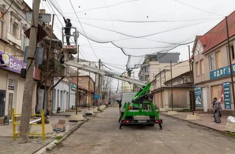 Installation of Anti Drone Nets in Kherson Stock Photos