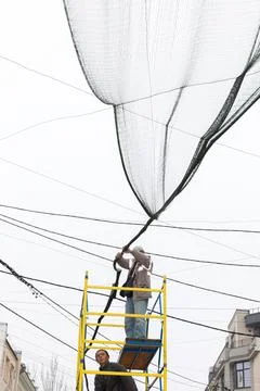 Installation of Anti Drone Nets in Kherson Stock Photos