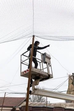 Installation of Anti-Drone Nets in Kherson Stock Photos