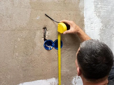 Installation of a box socket in the wall, an electrician installs sockets, .. Foto stock