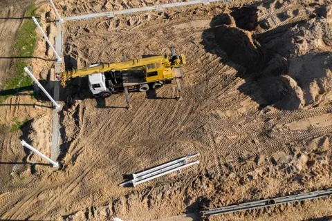 The installation of the building frame at a construction site top view Stock Photos
