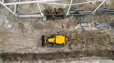 The installation of the building frame at a construction site top view Stock Photos