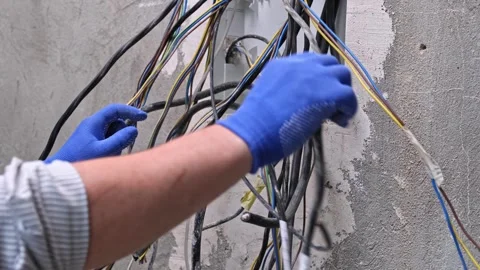 Installation bunch of a cable new circuit electrical enclosure wires home panel Stock Footage 265553608