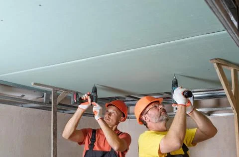 Installation of ceiling drywall. Stock Photos