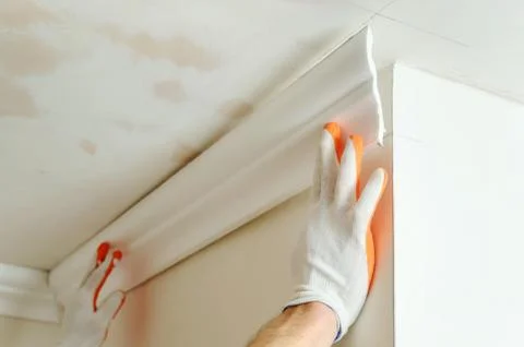 Installation of ceiling moldings. Stock Photos
