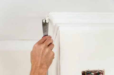 Installation of ceiling moldings. Stock Photos
