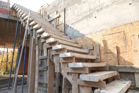 Installation of concrete steps during the construction of a house 스톡 사진