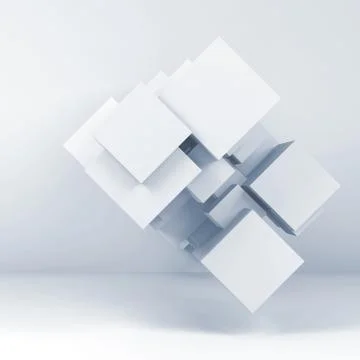 Installation of cubes in empty room. 3d Stock Illustration
