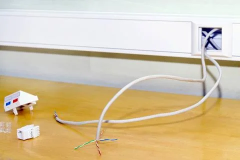 Installation of a double socket rj 45 internet network Installation of a d... Foto stock