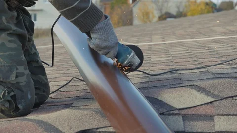 Installation of drainage system of a private house. Metal cutting, hand tools. Video stock 119125884