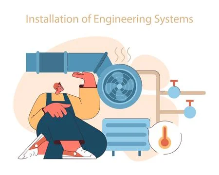 Installation of engineering systems concept. A professional engineer Illustrazione stock