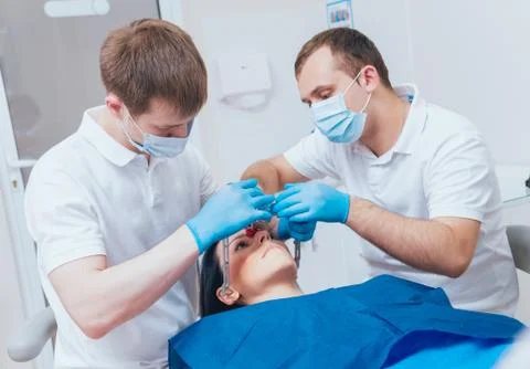Installation of the face-bow. Functional diagnostics. Dental technology Stock Photos