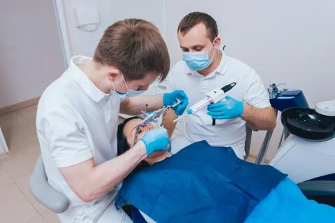 Installation of the face-bow. Functional diagnostics. Dental technology Stockfoto's