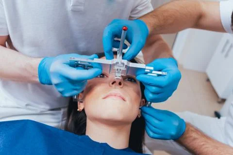 Installation of the face-bow. Functional diagnostics. Modern technology 库存照片