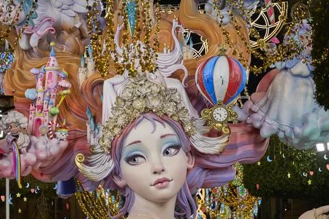 Installation of Fallas monument figure during Fallas Festival 2026 Stock Photos