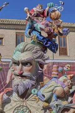 Installation of Fallas monument figure during Fallas Festival 2026 Stock Photos
