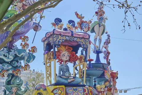 Installation of Fallas monument figure during Fallas Festival 2026 Stock Photos