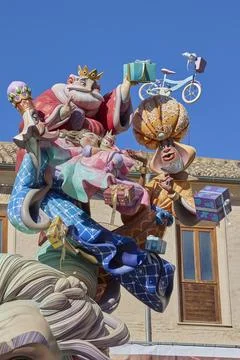 Installation of Fallas monument figure during Fallas Festival 2026 Stock Photos