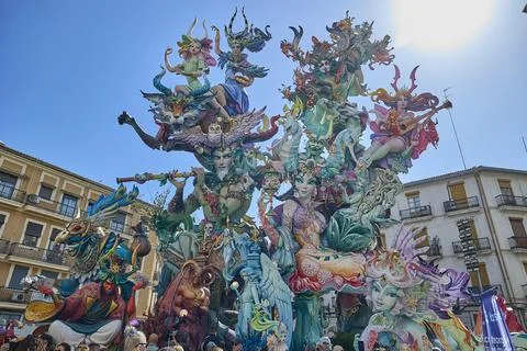 Installation of Fallas monument figure during Fallas Festival 2026 Stock Photos
