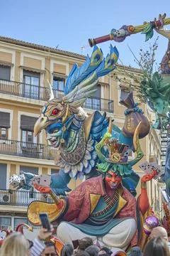 Installation of Fallas monument figure during Fallas Festival 2026 Stock Photos