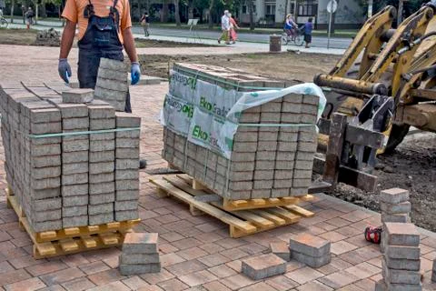 Installation of floor bricks Stock Photos