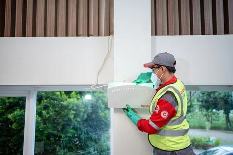 Installation of fly trap device in a house Stock Photos