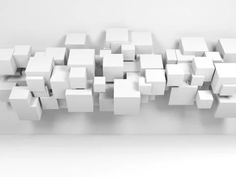 Installation of flying cubes in empty room 3 d Stock Illustration