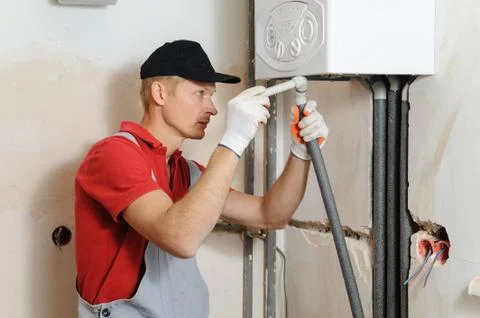 Installation of home heating. Foto stock