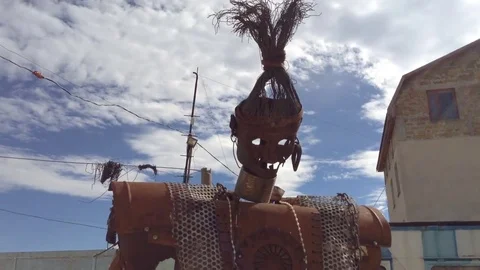 Installation Huge Brown Iron Robot Woman On Sky Background Stock Footage 83284954