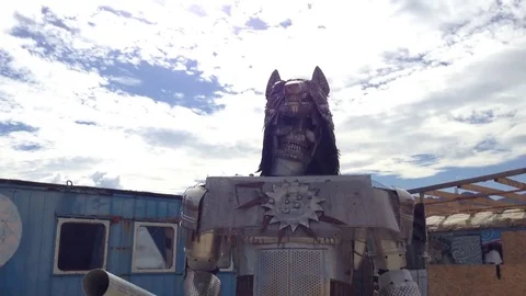 Installation Of Huge Iron Robot On Sky Background Stock Footage 83284960