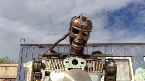 Installation Of Huge Iron Robot On Sky Background 2 Stock Footage 83284972