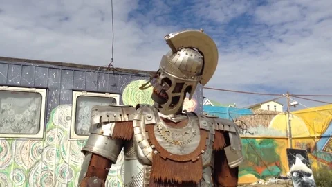 Installation Of Huge Iron Robot On Sky Background Stock Footage 83284979
