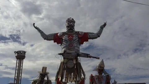 Installation Huge Robots Music Group On Sky Background Stock Footage 83284928