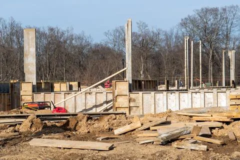 Installation of iron formwork for the foundation Stock Photos