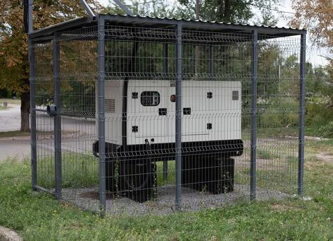 Installation of a large industrial fuel-fired generator on a green lawn. A Stock Photos