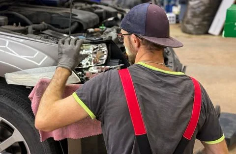 Installation of LED lenses in the headlight. Stock Photos
