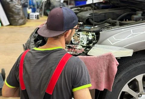 Installation of LED lenses in the headlight. Stock Photos
