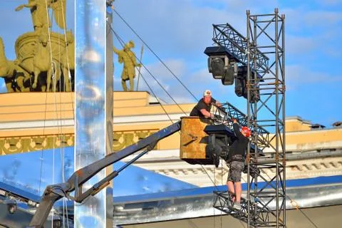 Installation of lighting masts to Scarlet Sails at the Palace square in Saint Stock Photos