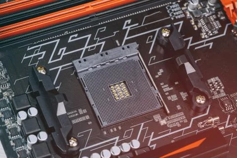 Installation of modern processor in CPU socket on the motherboard 写真素材