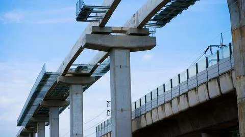 Installation of monorail train on its track elevated over road rapid railwa.. Stock Photos