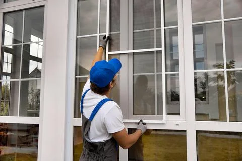 Installation of a mosquito net on a large window outside a modern building Stock Photos