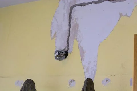 Installation of new power lines cable for power Stock Photos