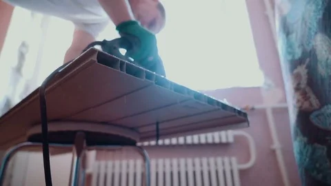 Installation of plastic windowsill in the house Stock Footage 81501747