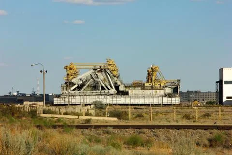 Installation of a platform for the launch of space rockets at Baikonur Stock Photos