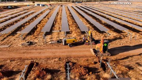 Installation process of metal structures for the installation of solar pane.. Stock Photos