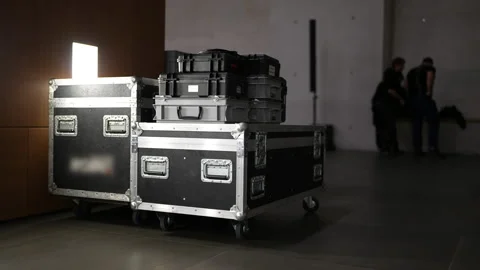 Installation of professional sound and light for a concert. Stock Footage 237463003