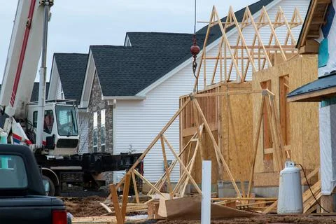 Installation of rafters with a crane Stock Photos