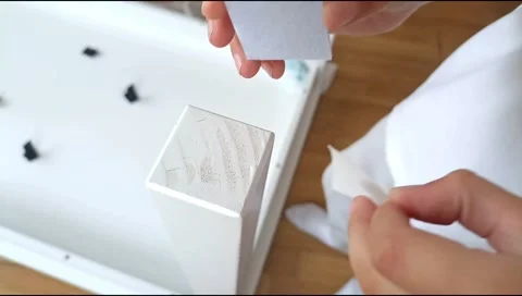 Installation of a self adhesive felt pad on a furniture leg to protect flooring Stock Footage 339177279
