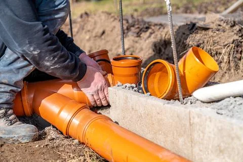 Installation of a sewage plastic pipe during the construction of a house Stock Photos